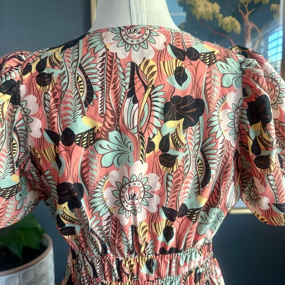 Maeve Anthropologie Coral Green Floral Puff Sleeve Ruffled Skirt Maxi Dress XS - Picture 8 of 11